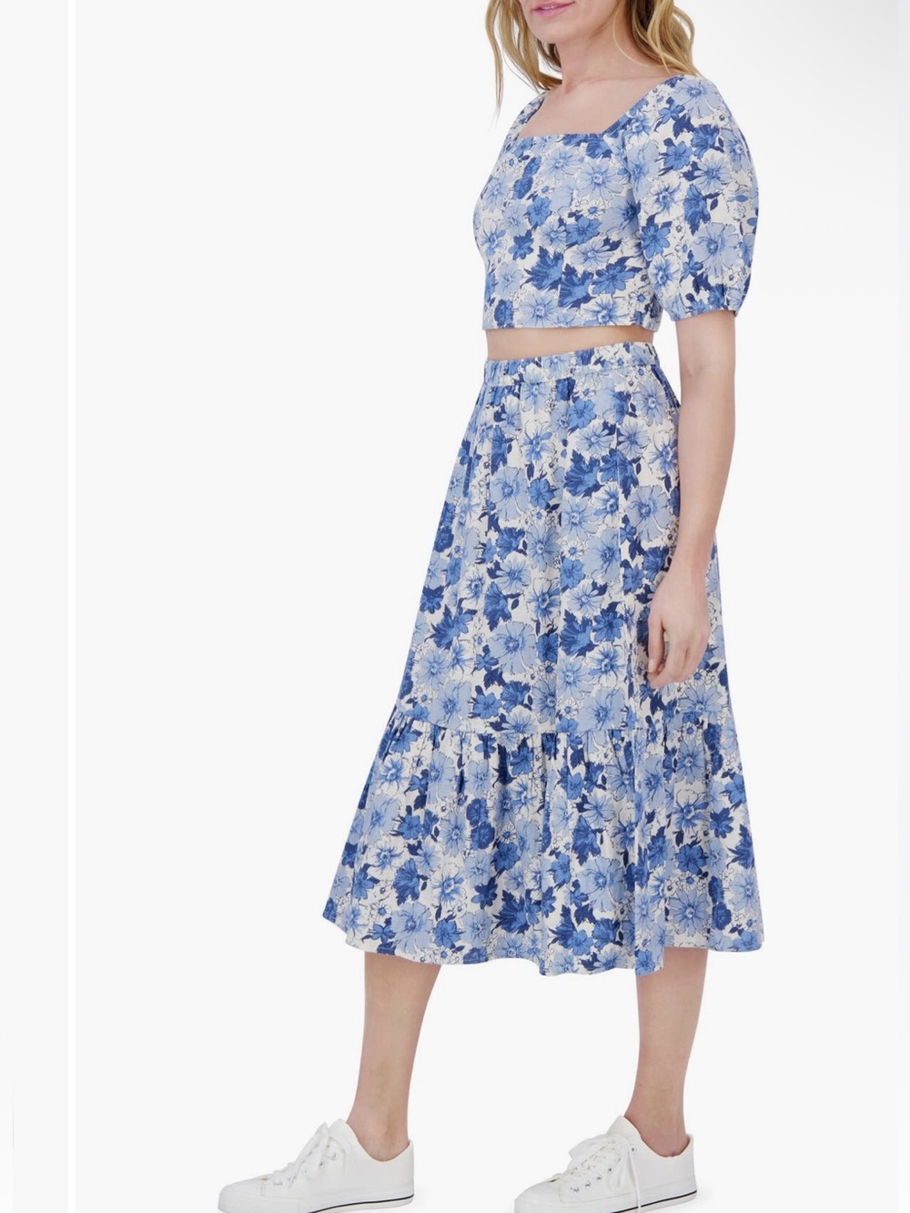 2 piece Linen blend Lucky Brand Blue Floral Puff-Sleeve top and skirt set (S)